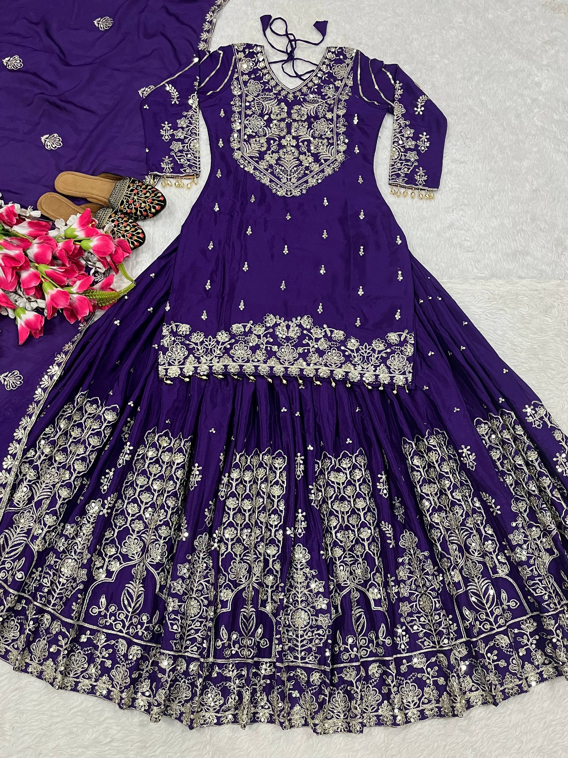 Designer Chinnon Silk Lehenga Choli Set with Embroidery & Sequins