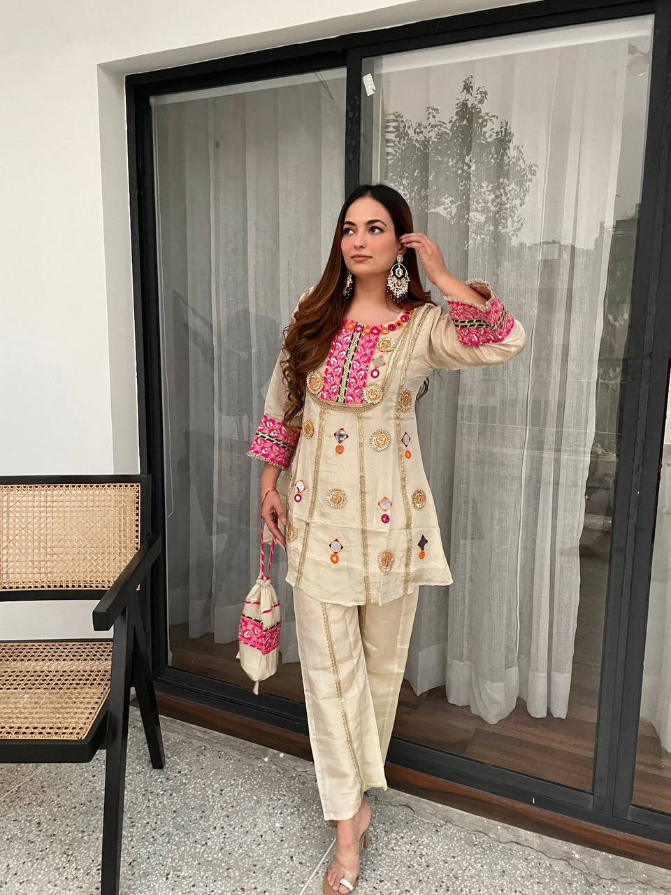 Designer Cos Moss Kurti & Palazzo Set with Real Mirror Embroidery