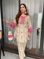 Designer Cos Moss Kurti & Palazzo Set with Real Mirror Embroidery