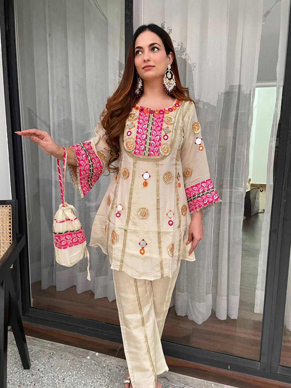 Designer Cos Moss Kurti & Palazzo Set with Real Mirror Embroidery