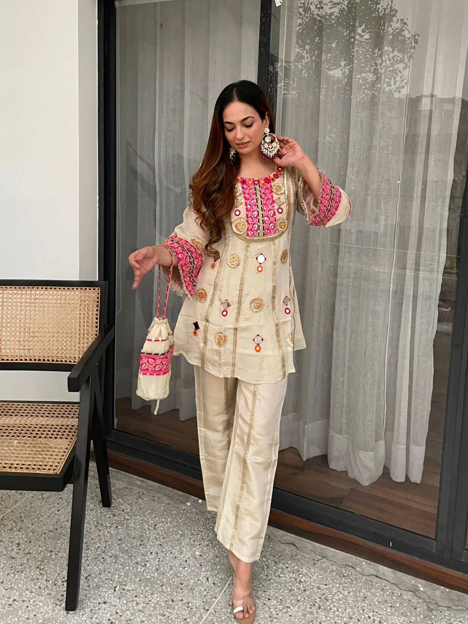 Designer Cos Moss Kurti & Palazzo Set with Real Mirror Embroidery