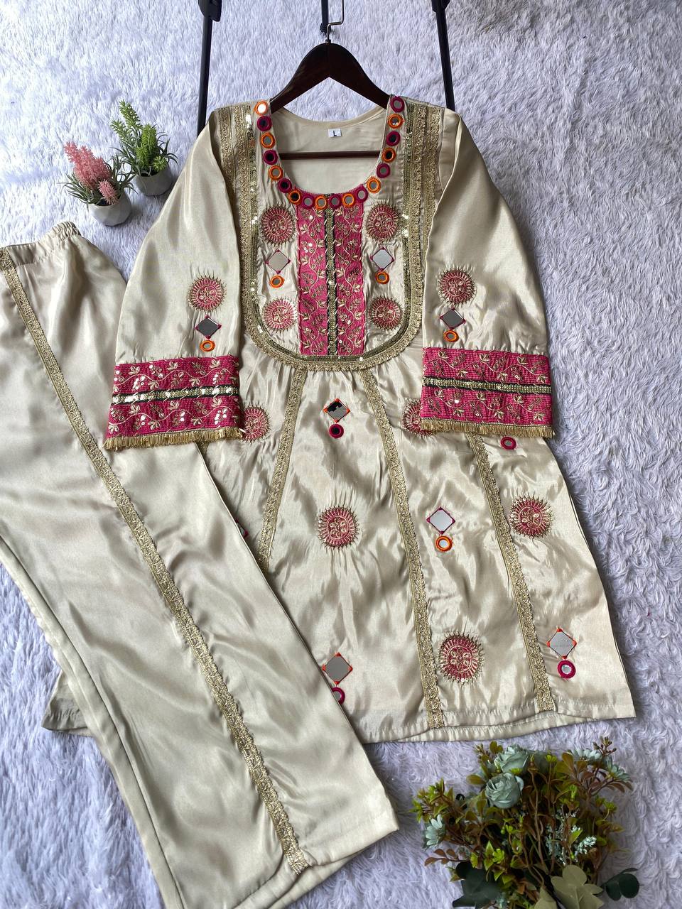 Designer Cos Moss Kurti & Palazzo Set with Real Mirror Embroidery
