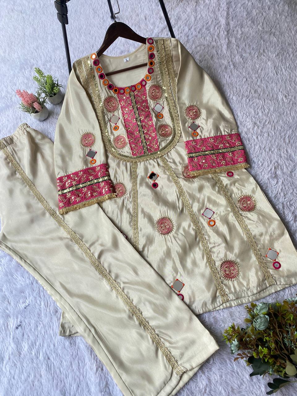 Designer Cos Moss Kurti & Palazzo Set with Real Mirror Embroidery