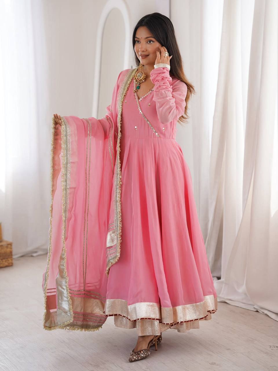 Aarohi Tabby Organza Silk Mirror Work Anarkali Lehenga with Dupatta