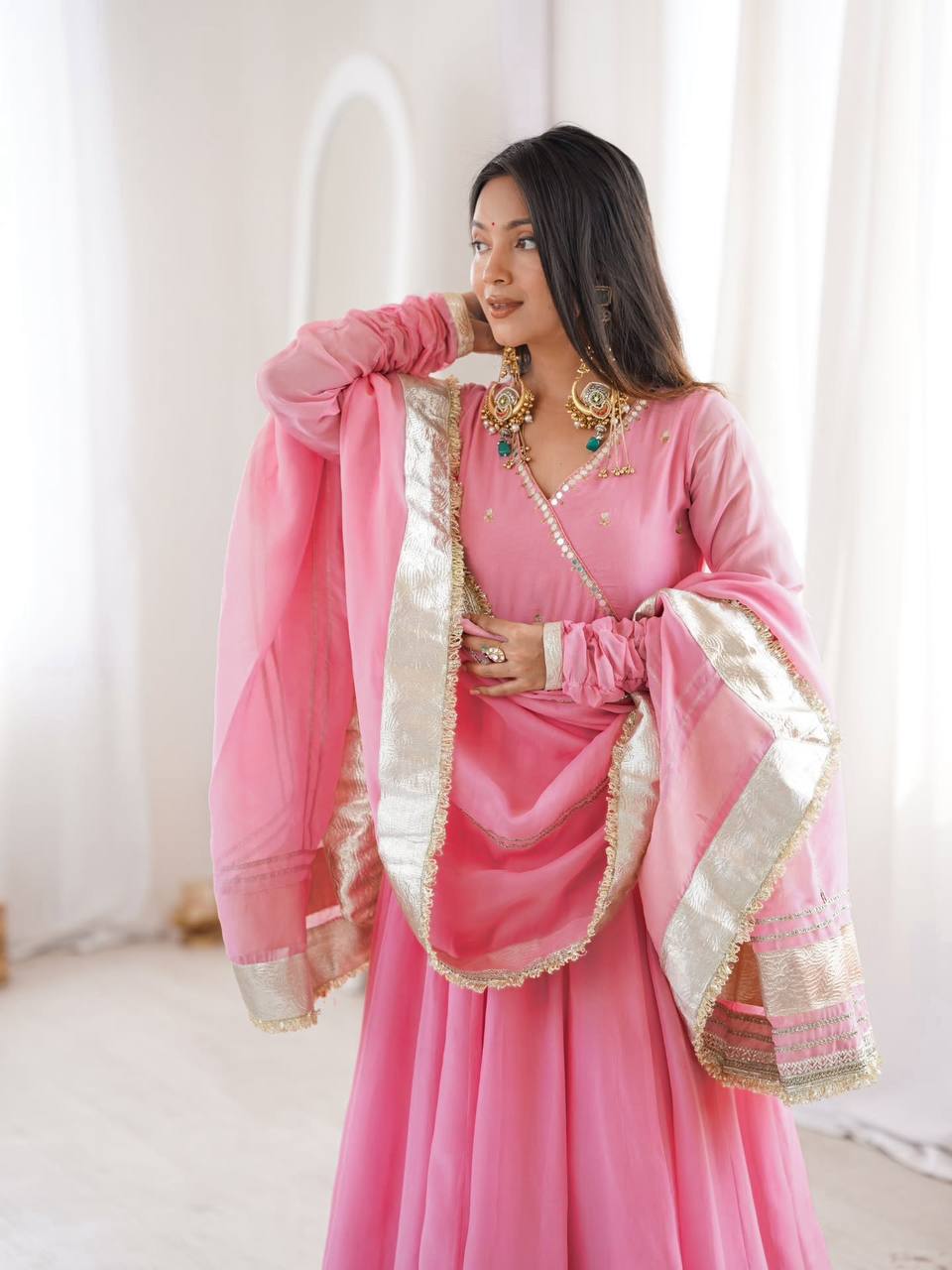 Aarohi Tabby Organza Silk Mirror Work Anarkali Lehenga with Dupatta