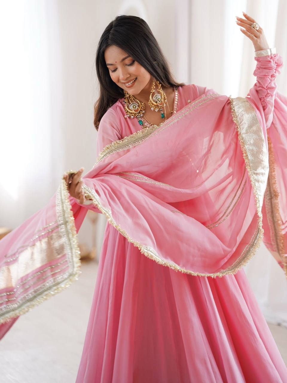 Aarohi Tabby Organza Silk Mirror Work Anarkali Lehenga with Dupatta