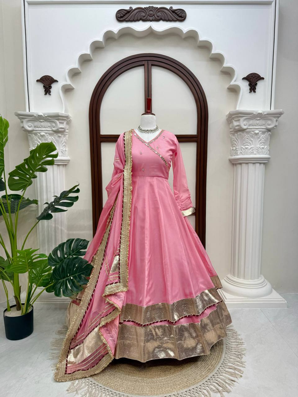Aarohi Tabby Organza Silk Mirror Work Anarkali Lehenga with Dupatta
