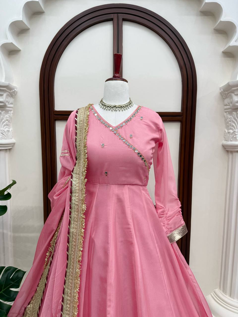 Aarohi Tabby Organza Silk Mirror Work Anarkali Lehenga with Dupatta