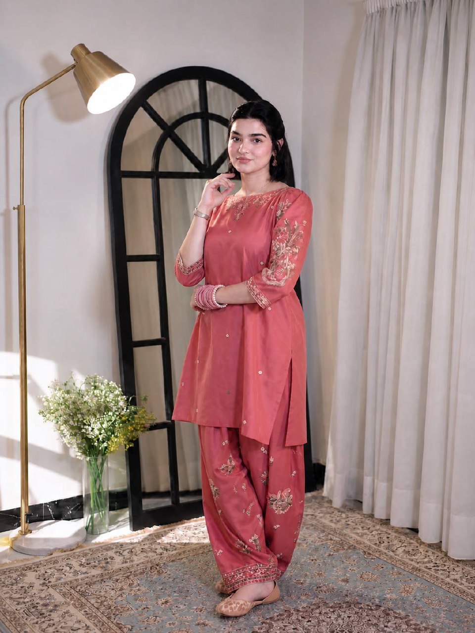 Zehvika Roman Silk Heavy Thread Embroidered Farshi Palazzo Suit