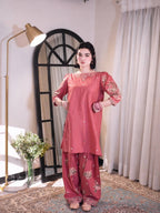 Zehvika Roman Silk Heavy Thread Embroidered Farshi Palazzo Suit