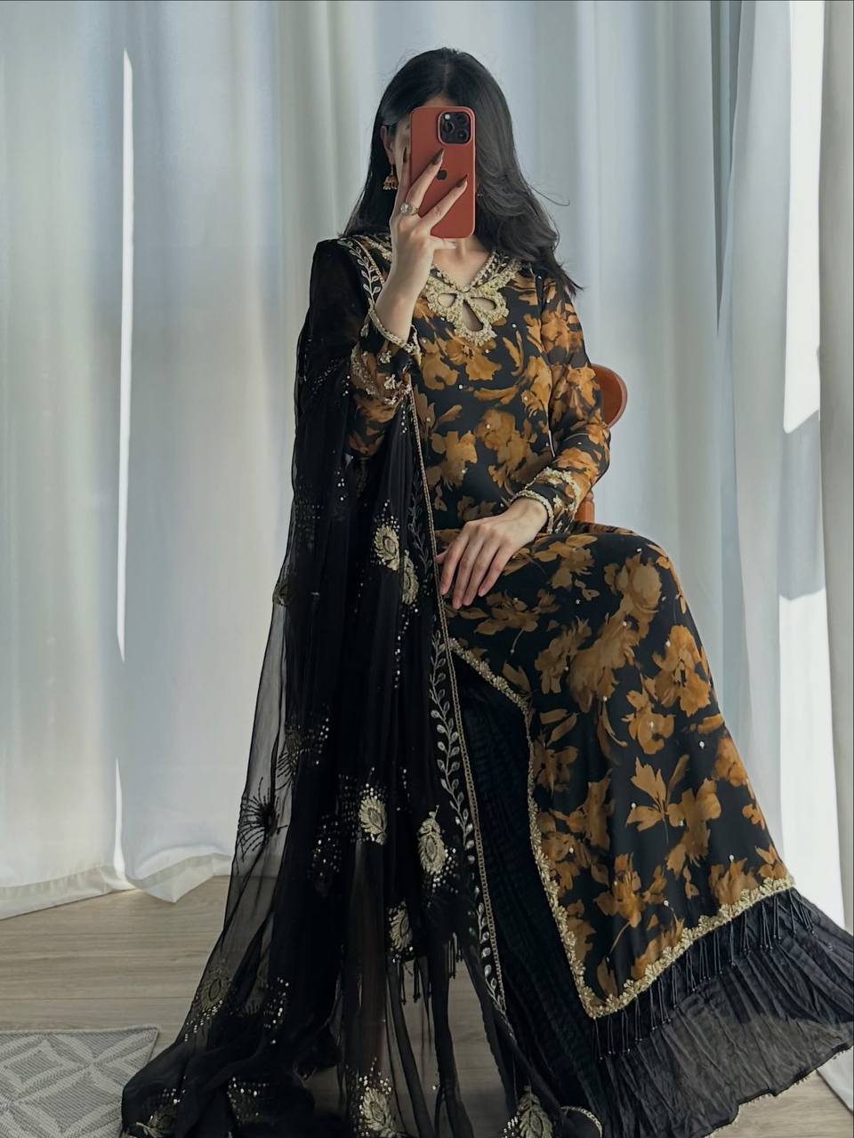 Zarvella Noor Designer Faux Georgette Embroidered Sequins Palazzo Suit with Digital Print & Lace Border Dupatta