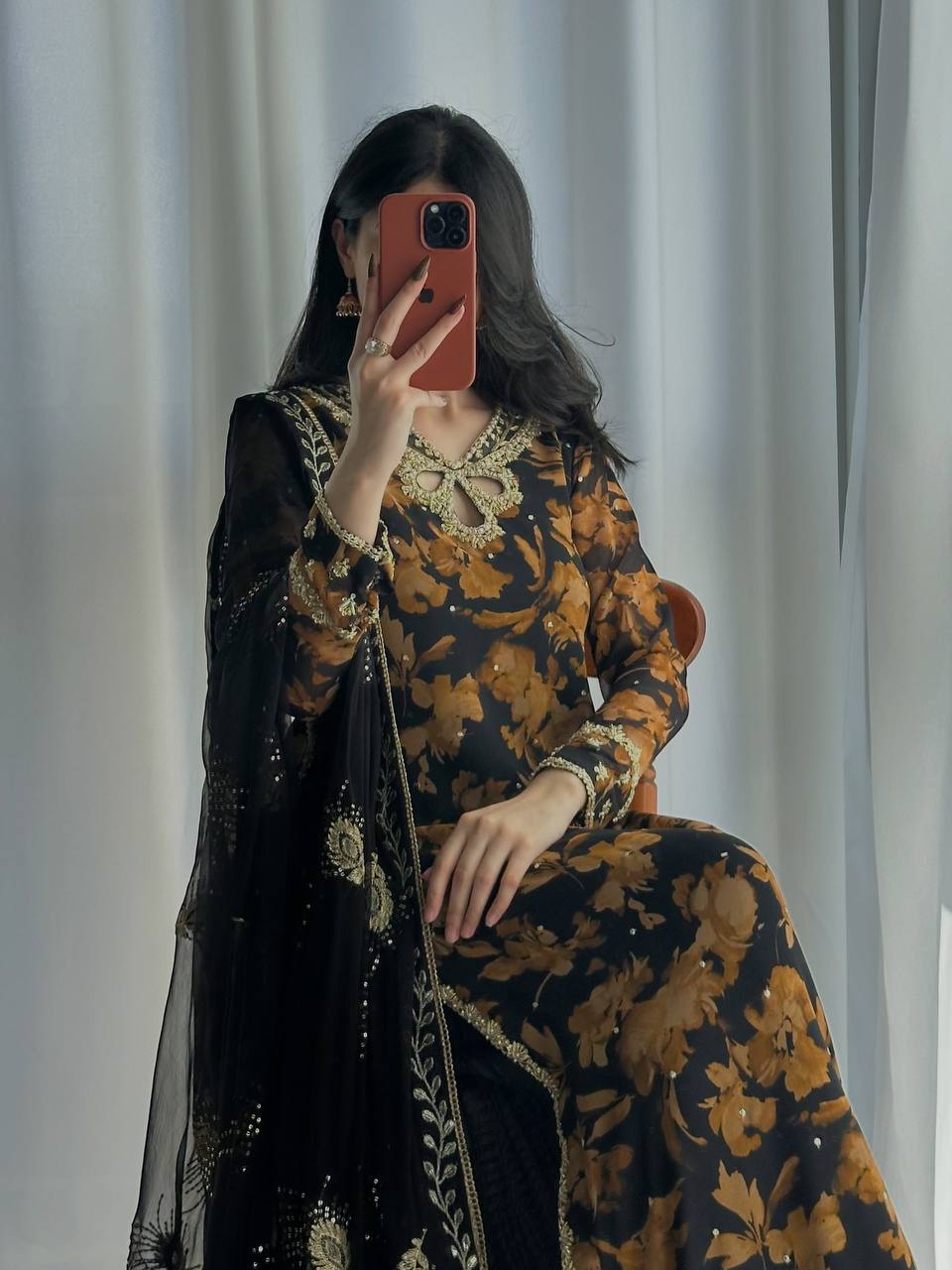 Zarvella Noor Designer Faux Georgette Embroidered Sequins Palazzo Suit with Digital Print & Lace Border Dupatta