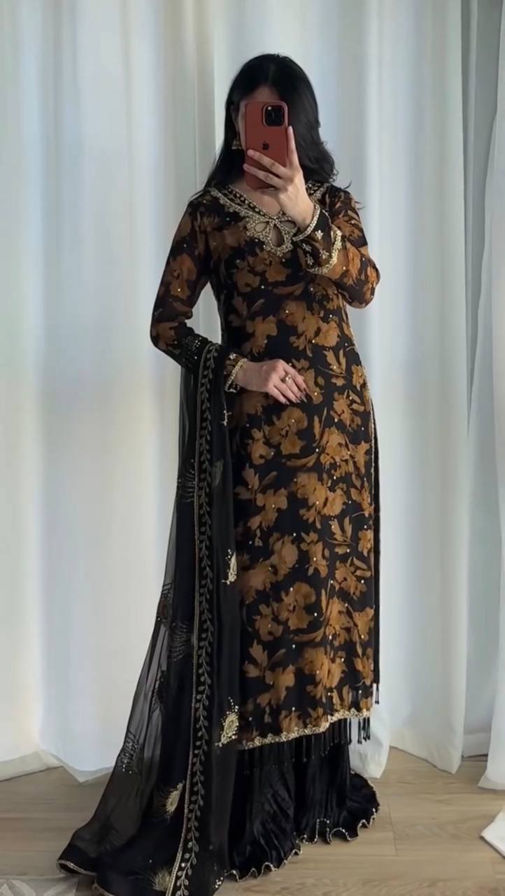Zarvella Noor Designer Faux Georgette Embroidered Sequins Palazzo Suit with Digital Print & Lace Border Dupatta