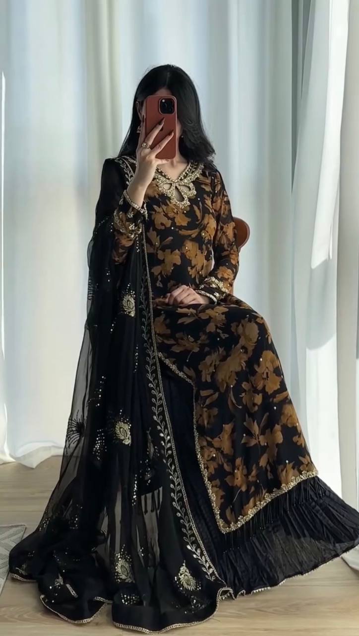 Zarvella Noor Designer Faux Georgette Embroidered Sequins Palazzo Suit with Digital Print & Lace Border Dupatta