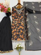 Zarvella Noor Designer Faux Georgette Embroidered Sequins Palazzo Suit with Digital Print & Lace Border Dupatta