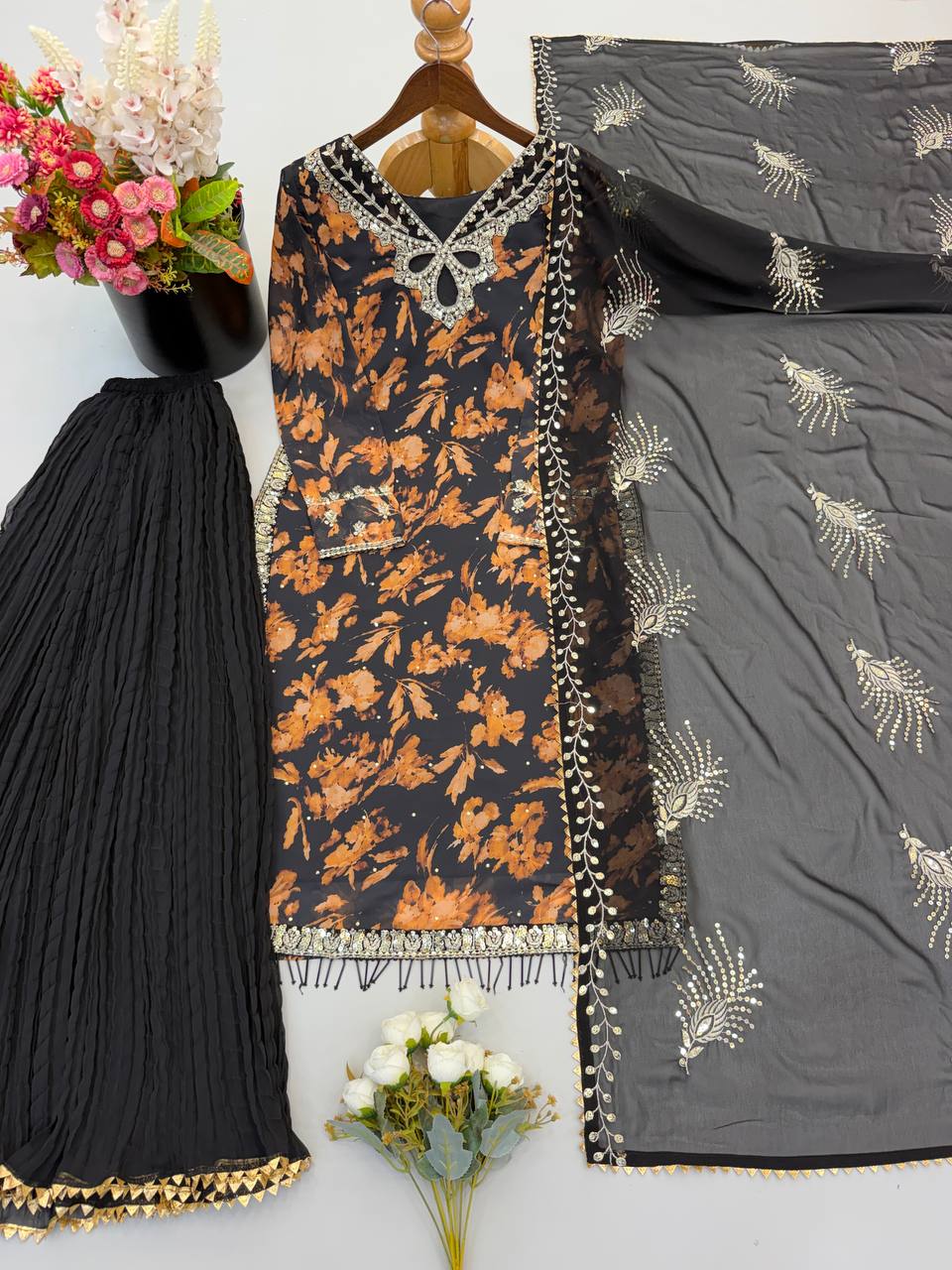 Zarvella Noor Designer Faux Georgette Embroidered Sequins Palazzo Suit with Digital Print & Lace Border Dupatta