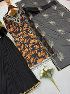 Zarvella Noor Designer Faux Georgette Embroidered Sequins Palazzo Suit with Digital Print & Lace Border Dupatta