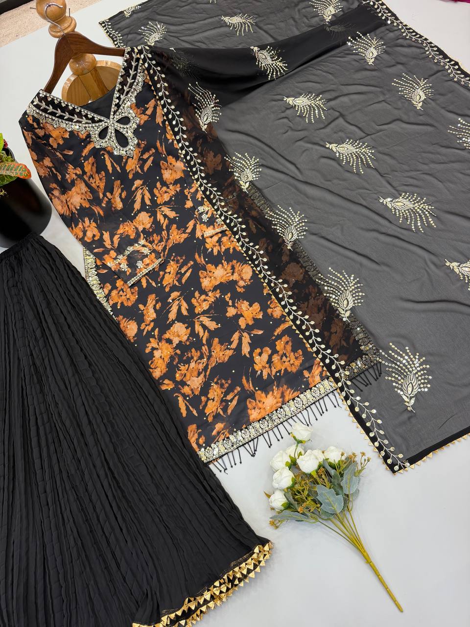 Zarvella Noor Designer Faux Georgette Embroidered Sequins Palazzo Suit with Digital Print & Lace Border Dupatta