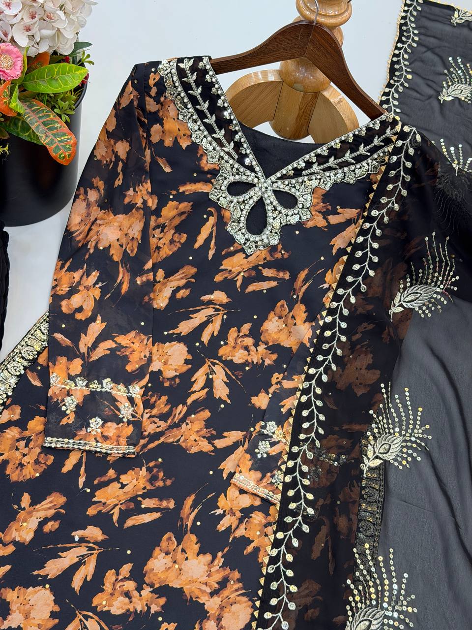 Zarvella Noor Designer Faux Georgette Embroidered Sequins Palazzo Suit with Digital Print & Lace Border Dupatta