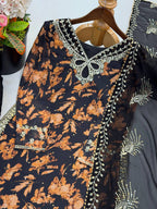Zarvella Noor Designer Faux Georgette Embroidered Sequins Palazzo Suit with Digital Print & Lace Border Dupatta
