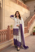 Ziyana Dual Tone Star Georgette Embroidered Sequins Kurti Palazzo with Dupatta Set
