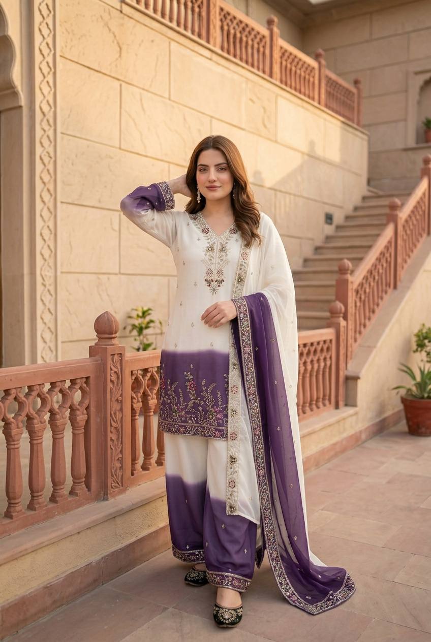 Ziyana Dual Tone Star Georgette Embroidered Sequins Kurti Palazzo with Dupatta Set