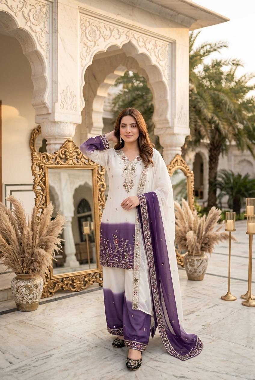 Ziyana Dual Tone Star Georgette Embroidered Sequins Kurti Palazzo with Dupatta Set