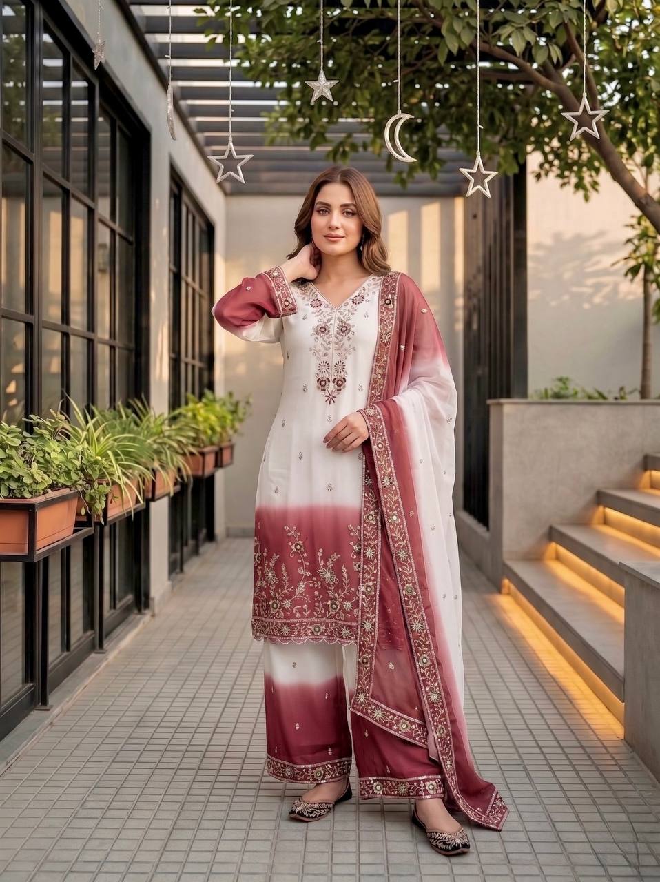 Ziyana Dual Tone Star Georgette Embroidered Sequins Kurti Palazzo with Dupatta Set