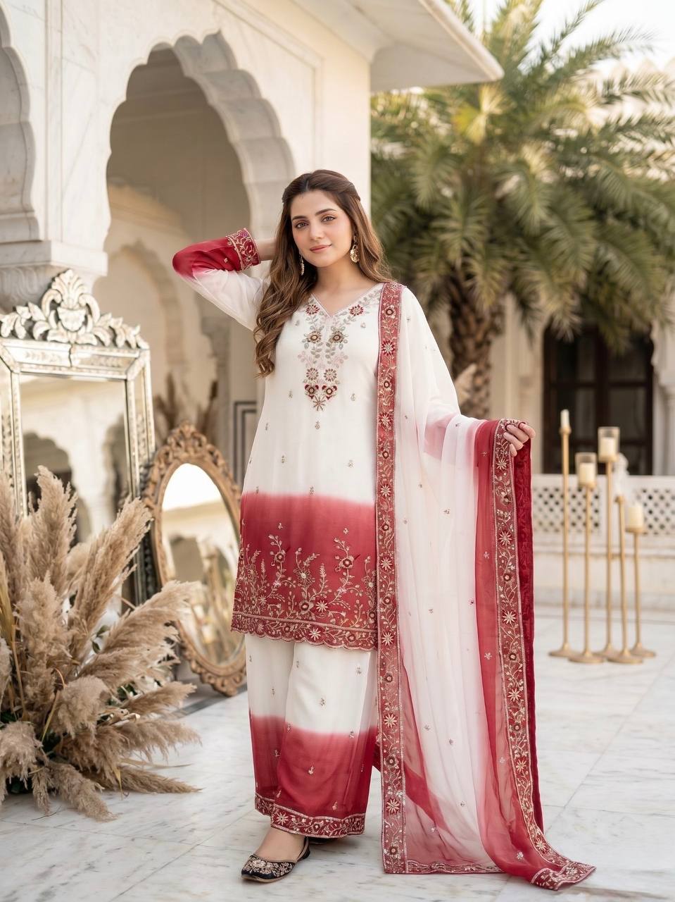 Ziyana Dual Tone Star Georgette Embroidered Sequins Kurti Palazzo with Dupatta Set