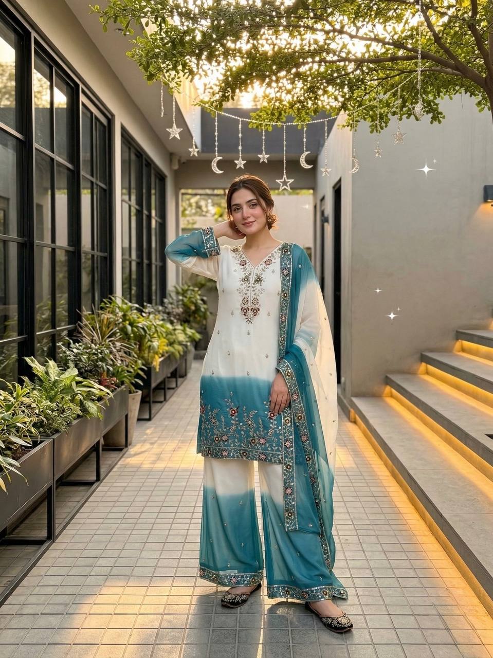 Ziyana Dual Tone Star Georgette Embroidered Sequins Kurti Palazzo with Dupatta Set