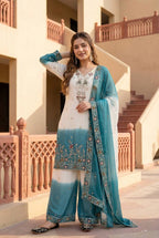 Ziyana Dual Tone Star Georgette Embroidered Sequins Kurti Palazzo with Dupatta Set
