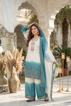 Ziyana Dual Tone Star Georgette Embroidered Sequins Kurti Palazzo with Dupatta Set