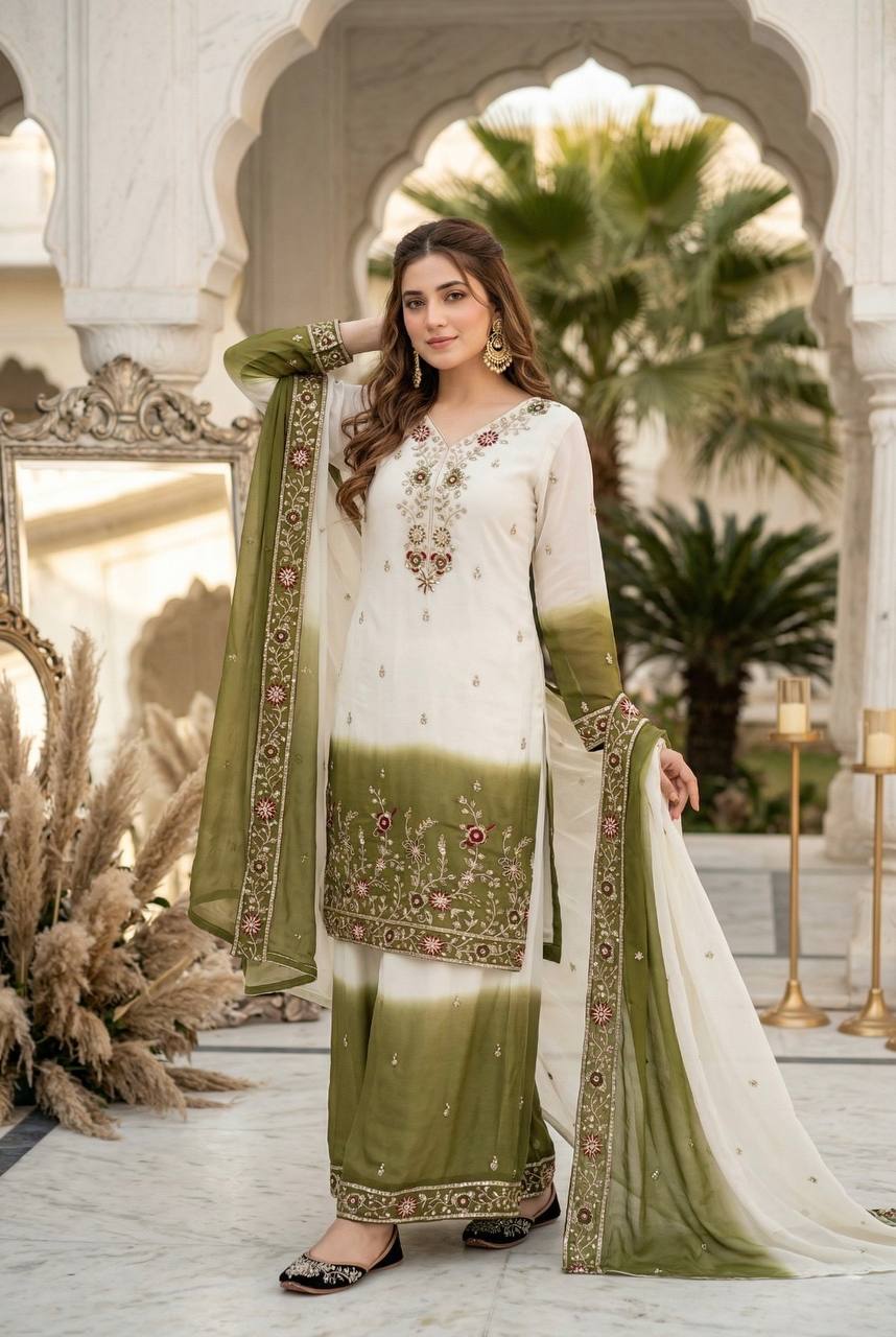 Ziyana Dual Tone Star Georgette Embroidered Sequins Kurti Palazzo with Dupatta Set