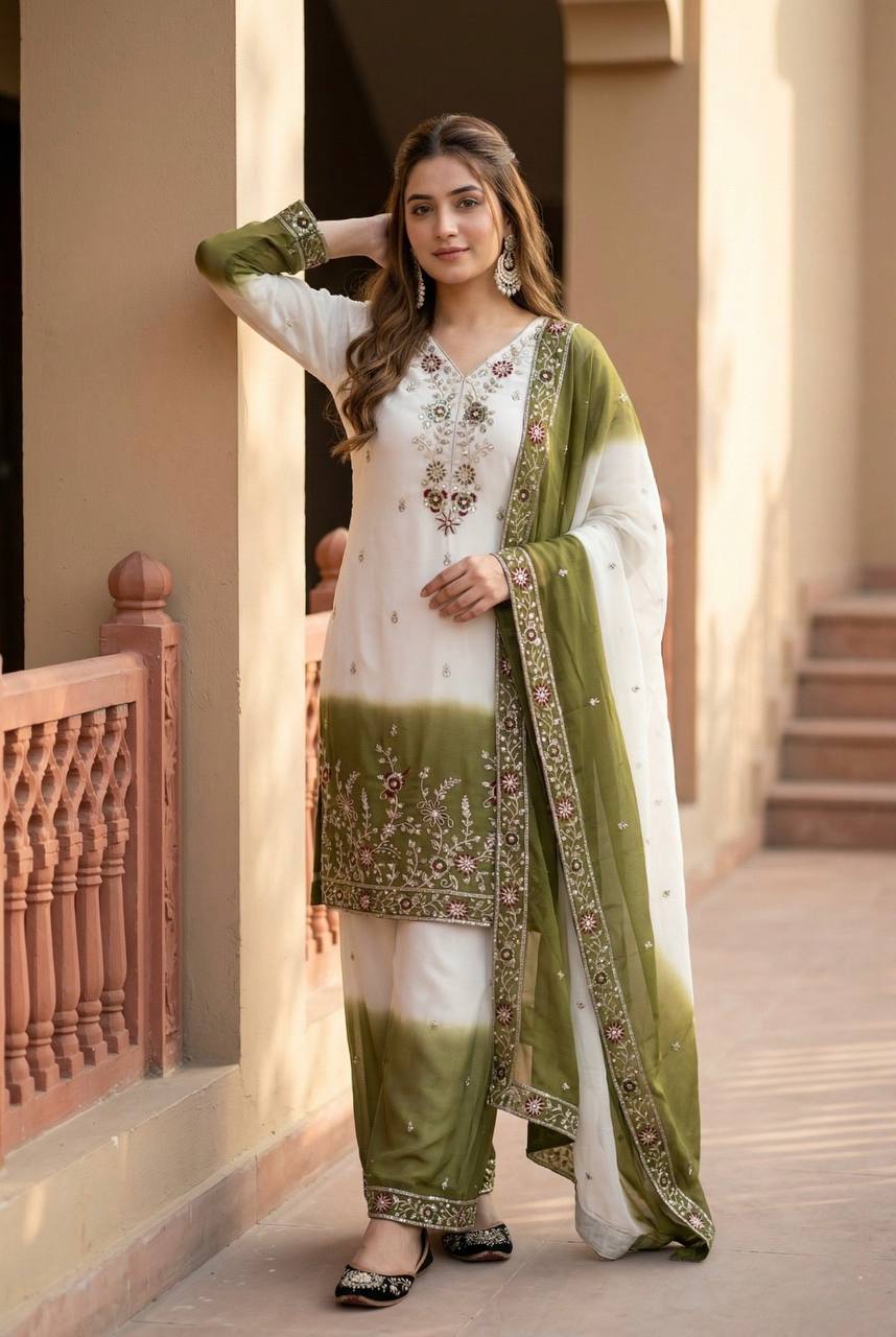 Ziyana Dual Tone Star Georgette Embroidered Sequins Kurti Palazzo with Dupatta Set