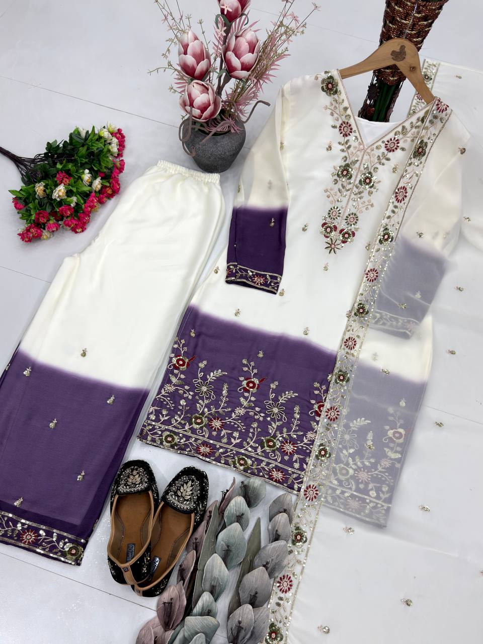 Ziyana Dual Tone Star Georgette Embroidered Sequins Kurti Palazzo with Dupatta Set