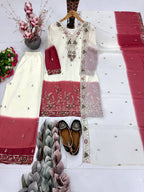 Ziyana Dual Tone Star Georgette Embroidered Sequins Kurti Palazzo with Dupatta Set