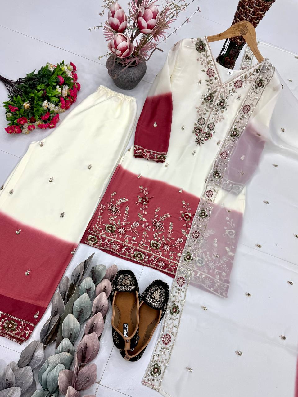 Ziyana Dual Tone Star Georgette Embroidered Sequins Kurti Palazzo with Dupatta Set