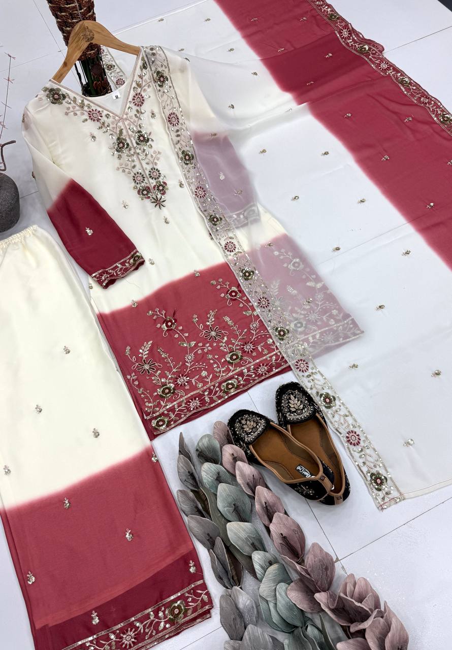 Ziyana Dual Tone Star Georgette Embroidered Sequins Kurti Palazzo with Dupatta Set