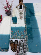 Ziyana Dual Tone Star Georgette Embroidered Sequins Kurti Palazzo with Dupatta Set