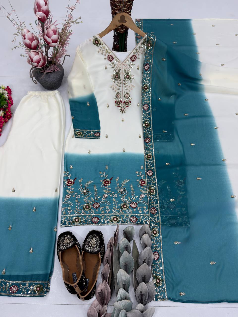 Ziyana Dual Tone Star Georgette Embroidered Sequins Kurti Palazzo with Dupatta Set