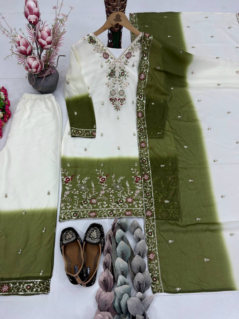 Ziyana Dual Tone Star Georgette Embroidered Sequins Kurti Palazzo with Dupatta Set