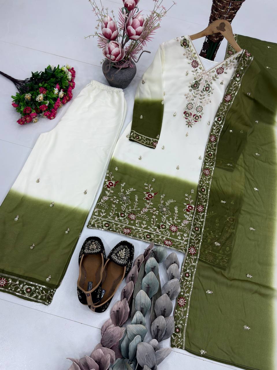 Ziyana Dual Tone Star Georgette Embroidered Sequins Kurti Palazzo with Dupatta Set