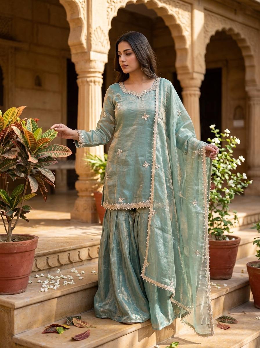 Zariya Premium Fendy Silk Embroidered Sharara Plazzo Set with Real Mirror & Sequin Work, Full Sleeve Festive Ethnic Wear for Women