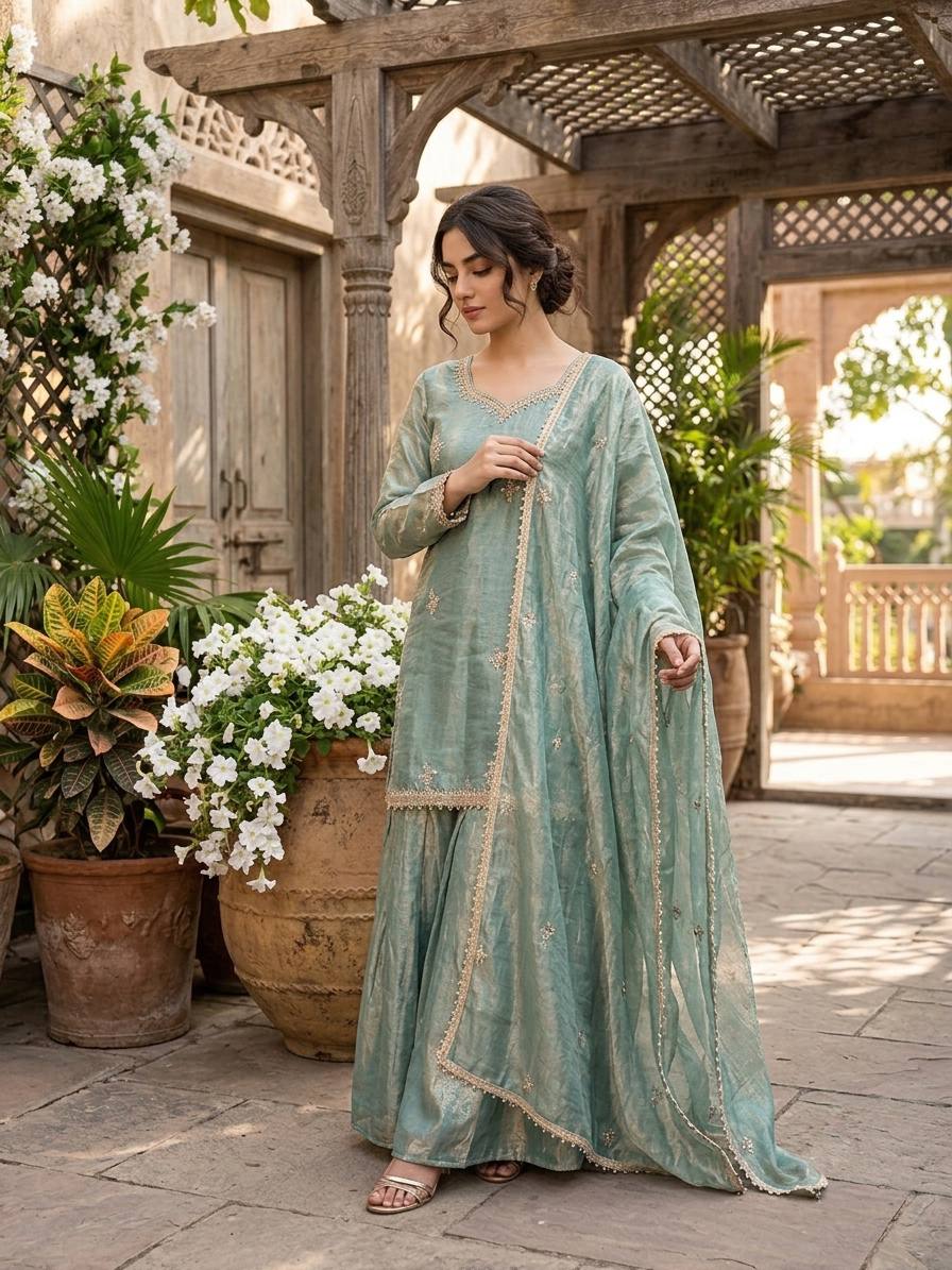 Zariya Premium Fendy Silk Embroidered Sharara Plazzo Set with Real Mirror & Sequin Work, Full Sleeve Festive Ethnic Wear for Women