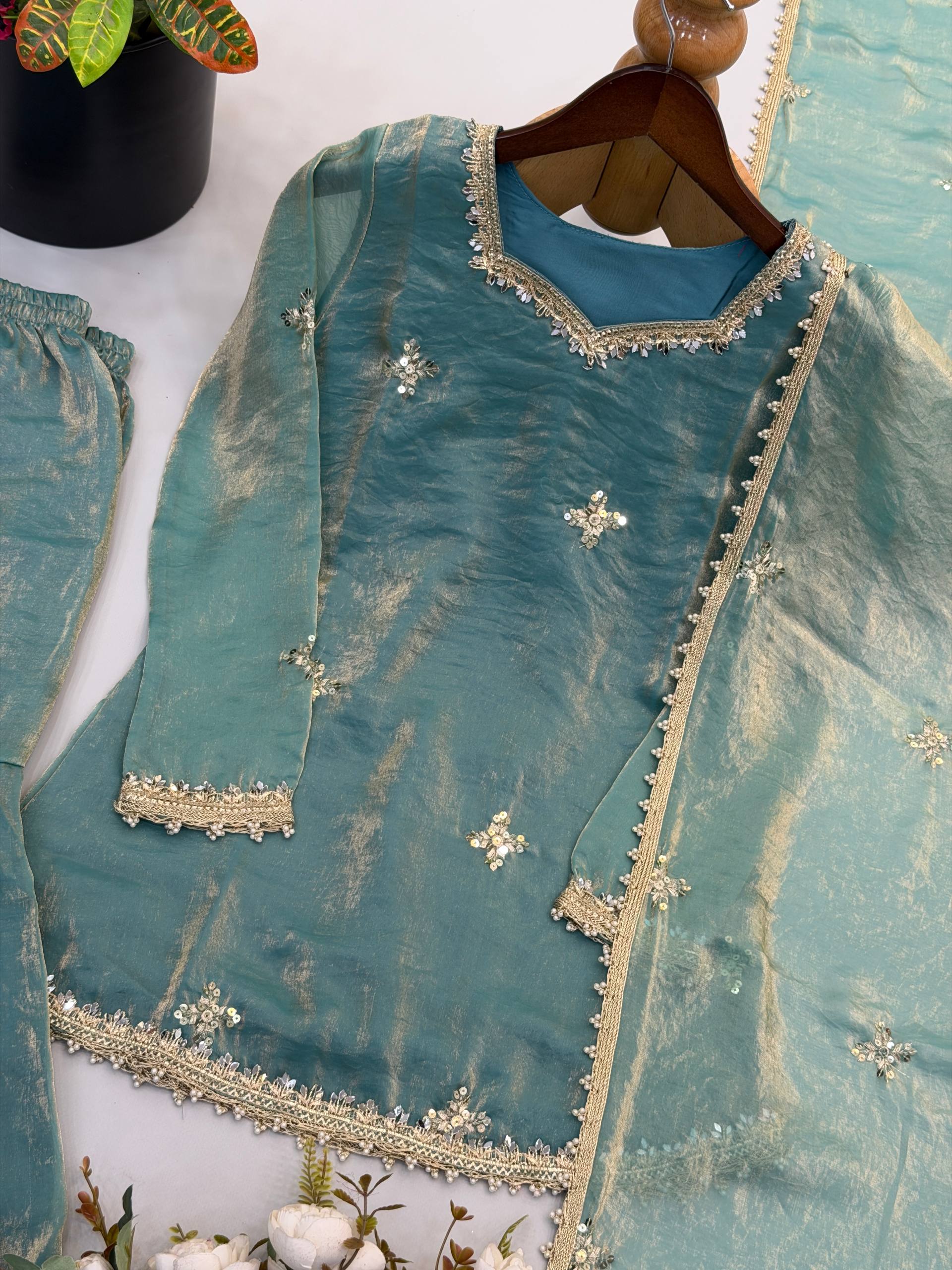 Zariya Premium Fendy Silk Embroidered Sharara Plazzo Set with Real Mirror & Sequin Work, Full Sleeve Festive Ethnic Wear for Women