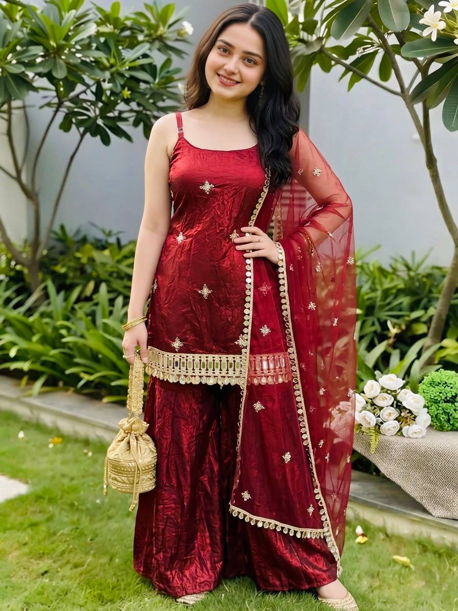 Premium Fendy Silk Real Mirror Work Sharara Set with Embroidered Dupatta