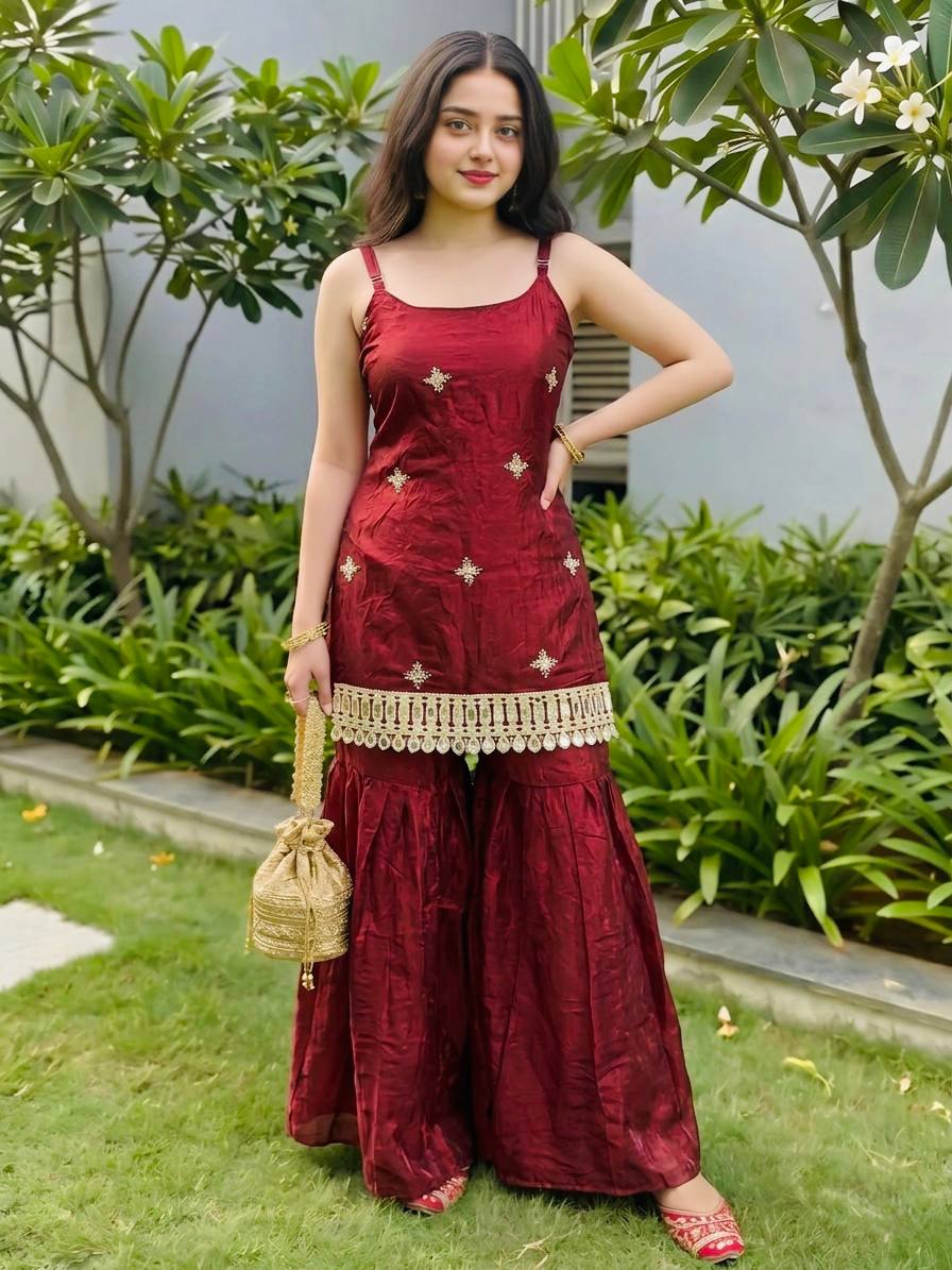 Premium Fendy Silk Real Mirror Work Sharara Set with Embroidered Dupatta