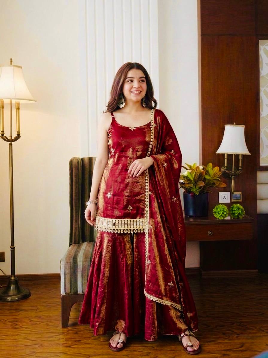 Premium Fendy Silk Real Mirror Work Sharara Set with Embroidered Dupatta