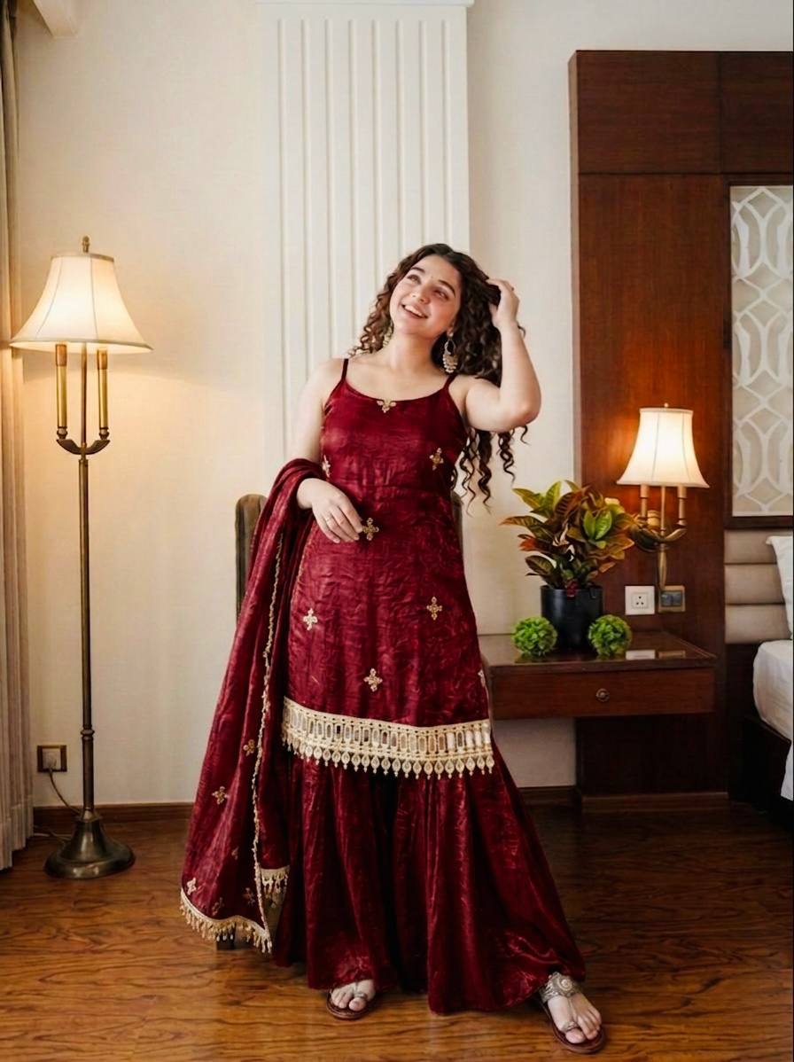 Premium Fendy Silk Real Mirror Work Sharara Set with Embroidered Dupatta