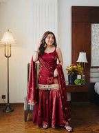 Premium Fendy Silk Real Mirror Work Sharara Set with Embroidered Dupatta